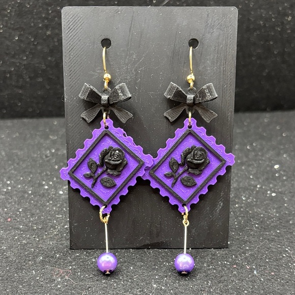Handmade Jewelry - Purple & Black Rose Stamp Earrings with Bow & Pearl Drop